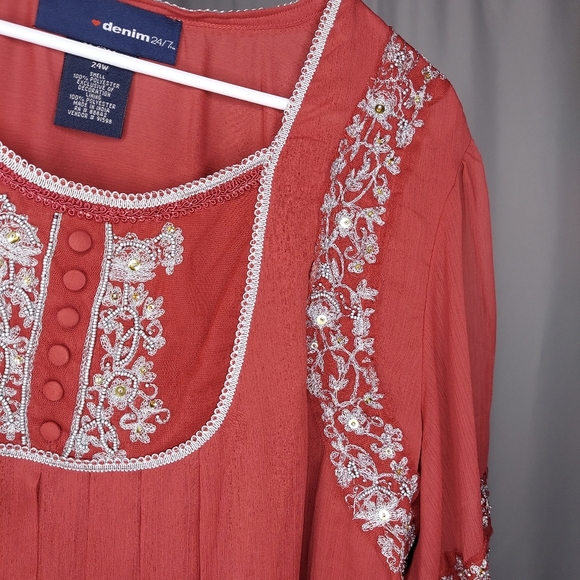 Denim24/7 Embroidered Top 24W Muted Red Chiffon Silver Peasant Fairy Witchy - Picture 3 of 6